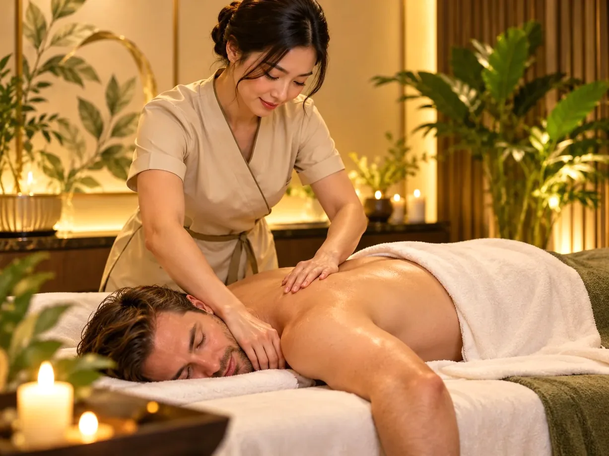 East Asian female massage professional massaging an adult American male client lying face-down on a massage table