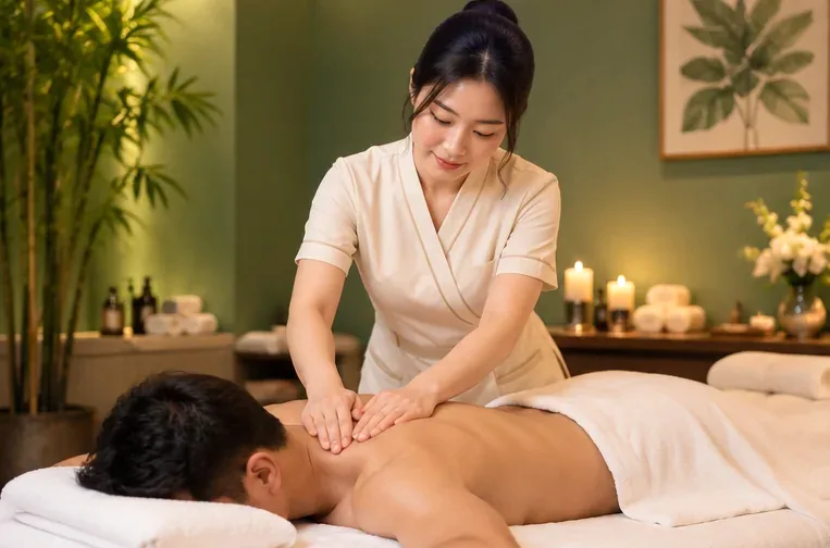 Female Asian massage therapist massaging adult American man on a massage table