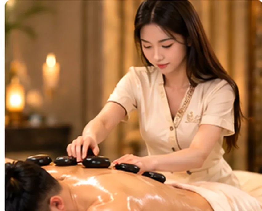 Therapist placing warm stones along a guest's back