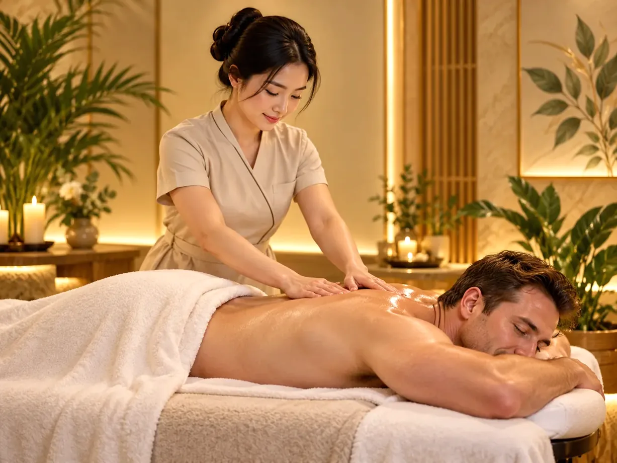 Therapist applying focused pressure to a guest's back