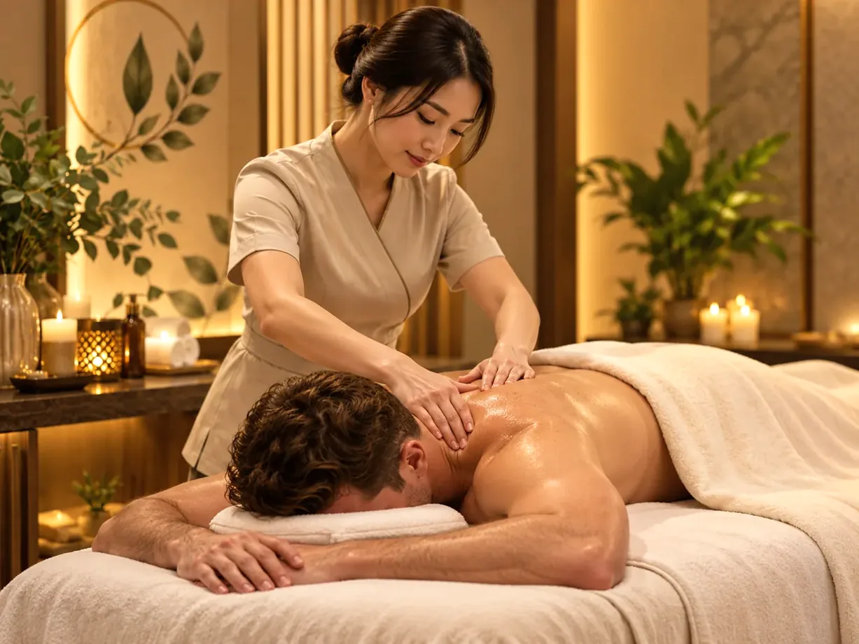 AI-generated illustration of a professional female therapist massaging an adult male guest on a massage table