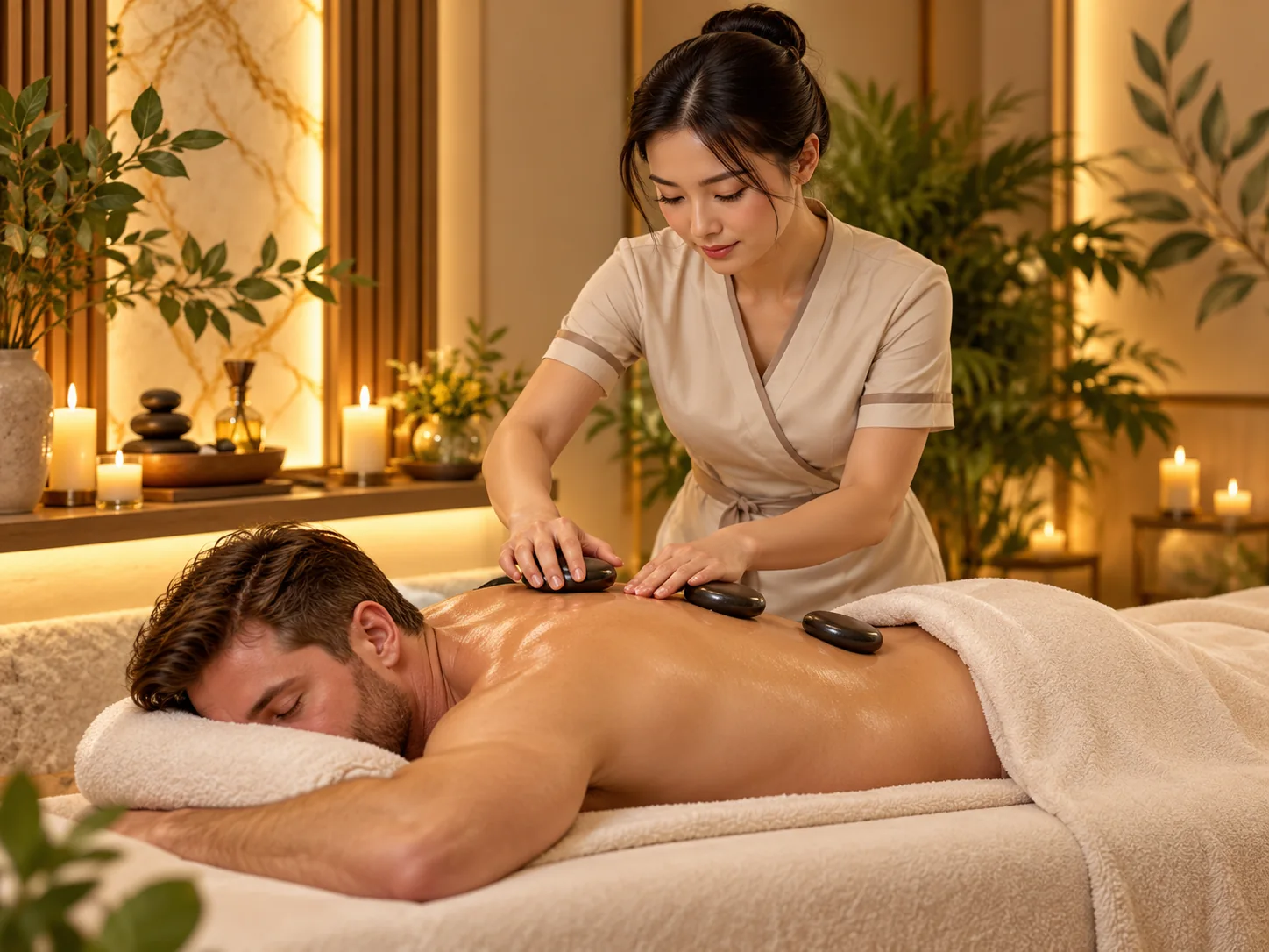 Female Asian massage professional with smooth warm stones on adult American male client’s back on massage table
